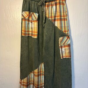 Plaid Patchwork Women's Pants Wide leg Mineral Wash